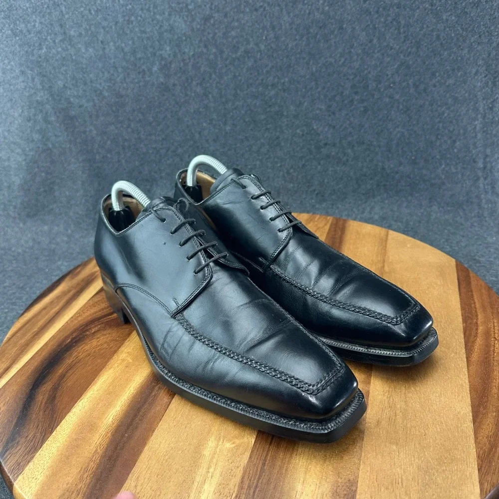 L.F. Lidfort Barneys New York Mens Black Leather Square‎ Toe Oxford Shoes Sz 8